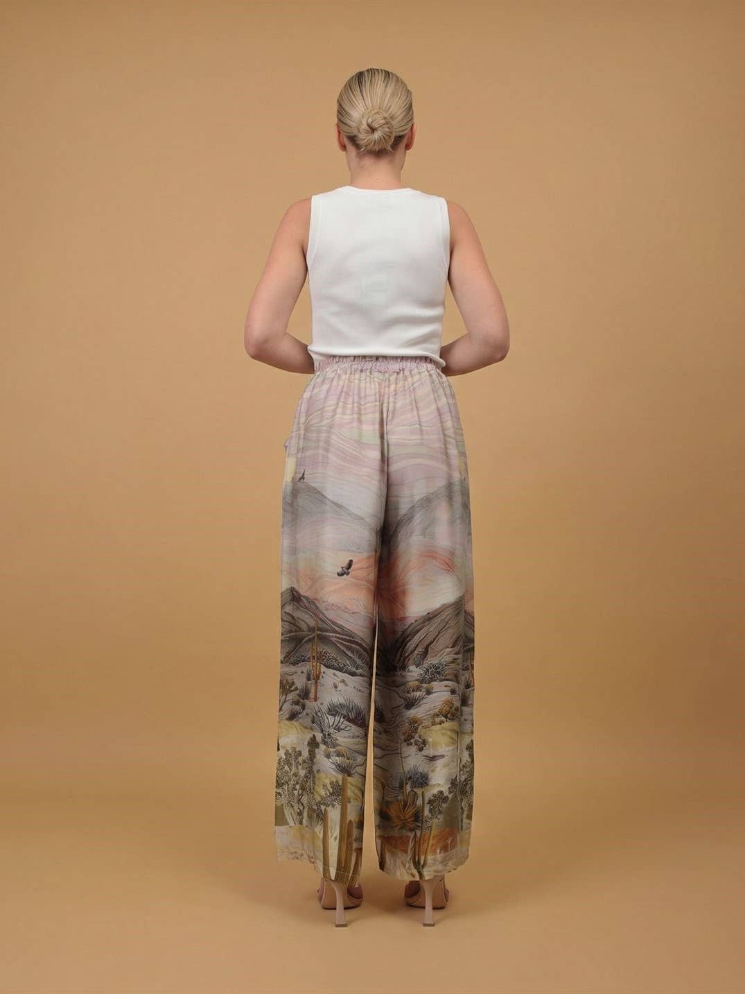 Satin landscape print trousers : Khaki