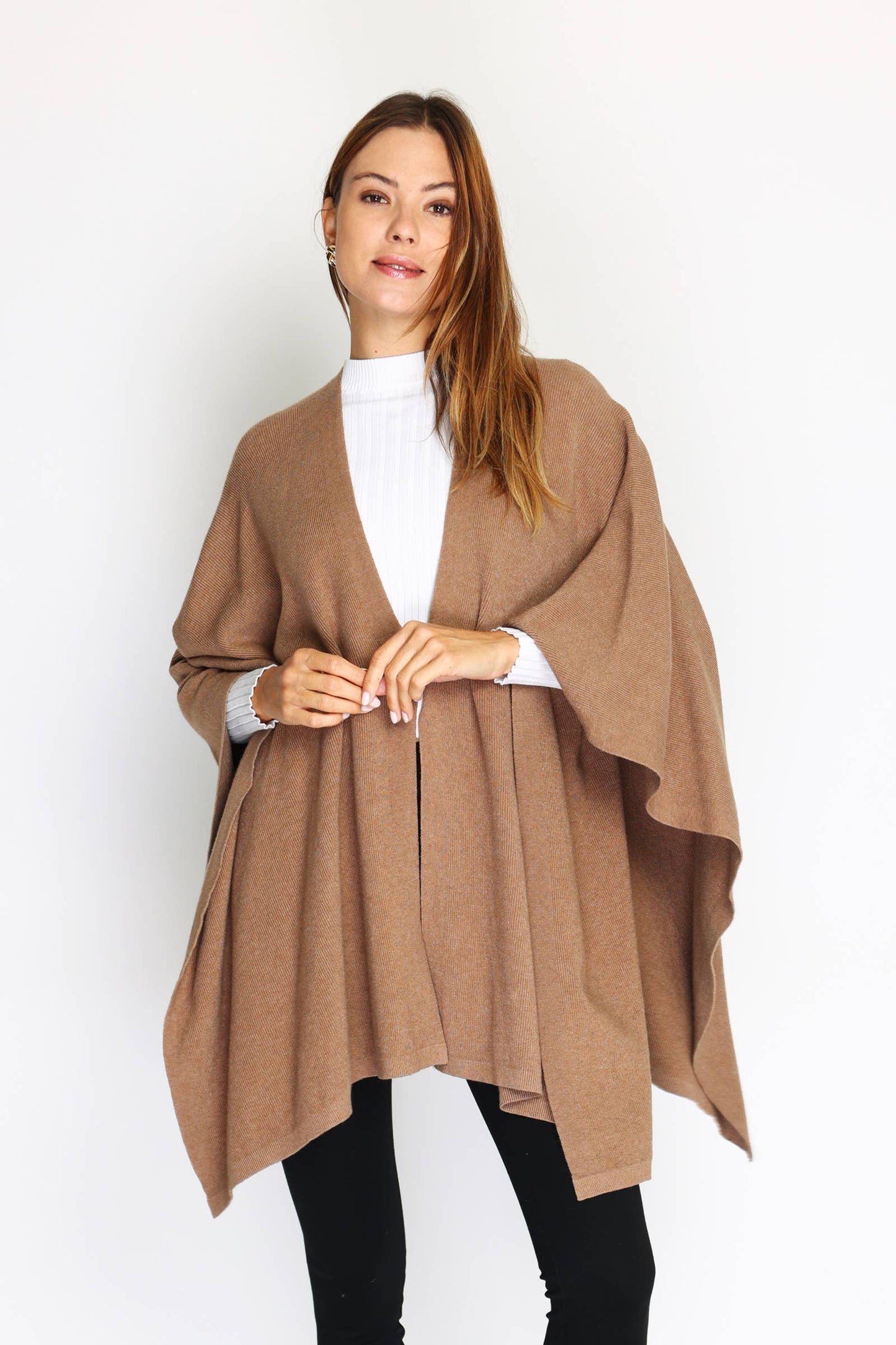 Italian Knitted Wrap Poncho with one button Camel / One size