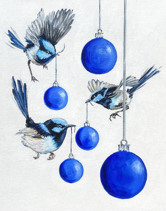 Blue Baubles & Fairy Wrens Christmas Card