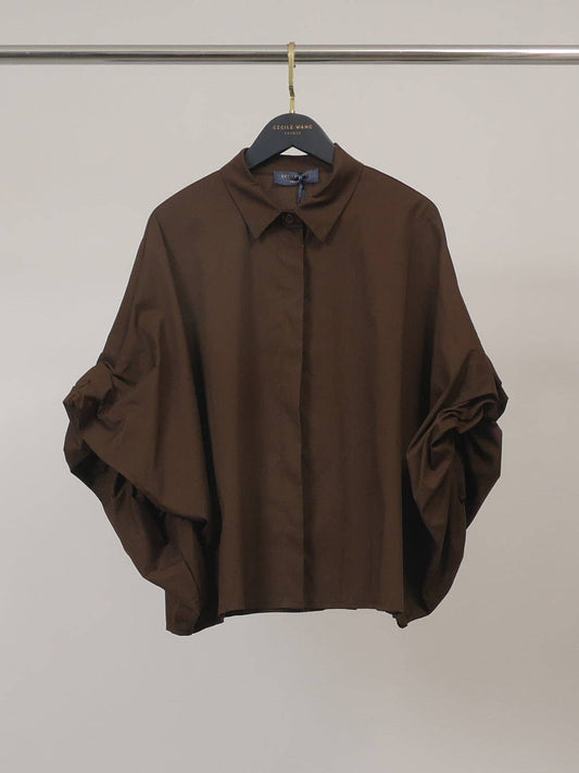 Oversized cotton shirt with balloon sleeves : Chocolate
