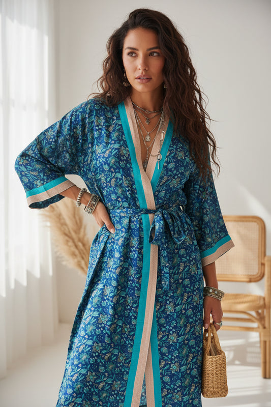 Recycle Silk Women Kimono Boho House Robe Beach Spa Cover up