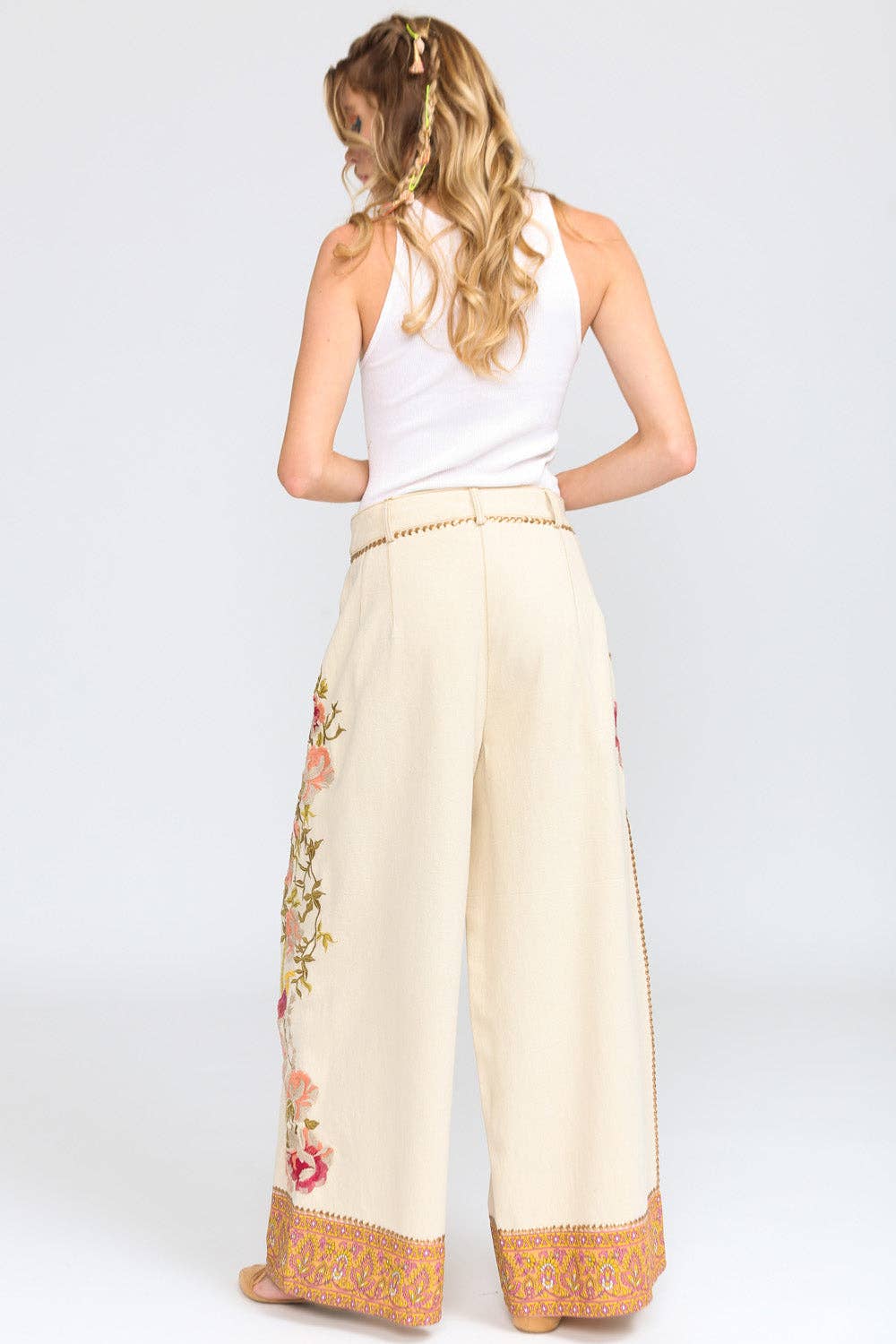 Time To Shine Denim Pants | Wide Leg Pants | Floral Pants: Cream / Small