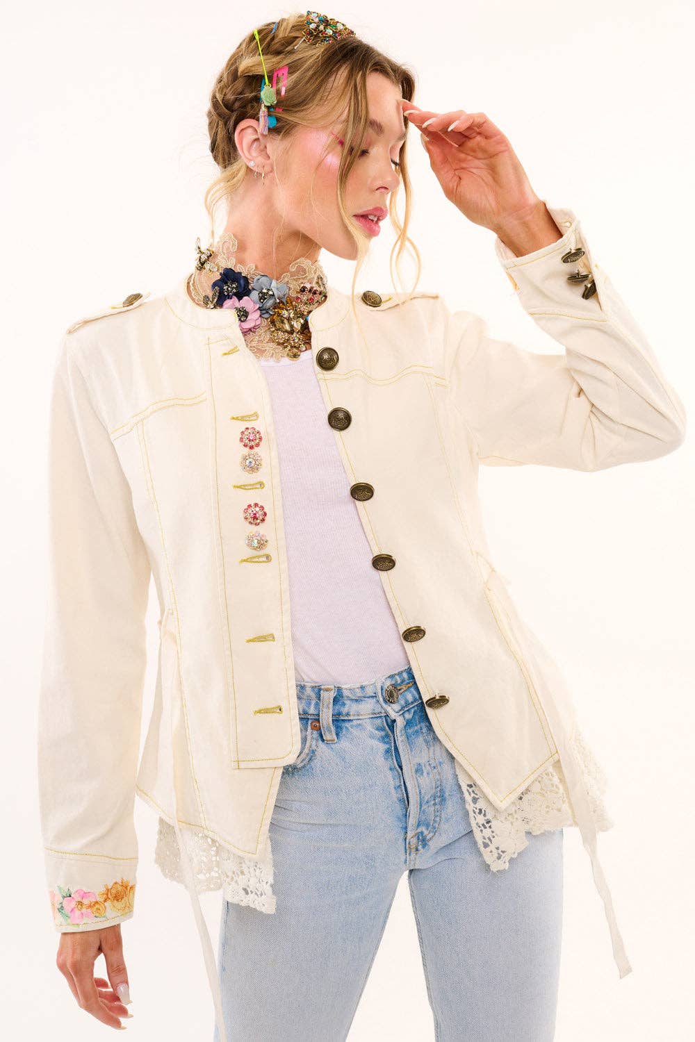 Cream Jacket With Lace Trim: Natural Ivory / Small