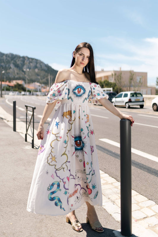 Eye Graphic Print Long dress with balloon sleeves- Size S to M