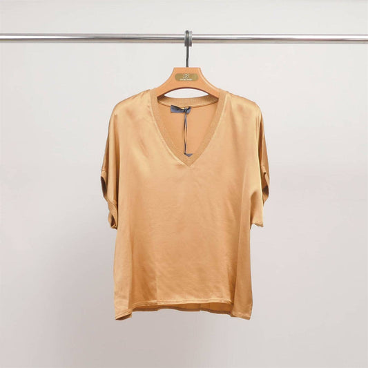 V-neck tunic in fluid Viscose/Silk satin: Camel One Size fits 10 to 14