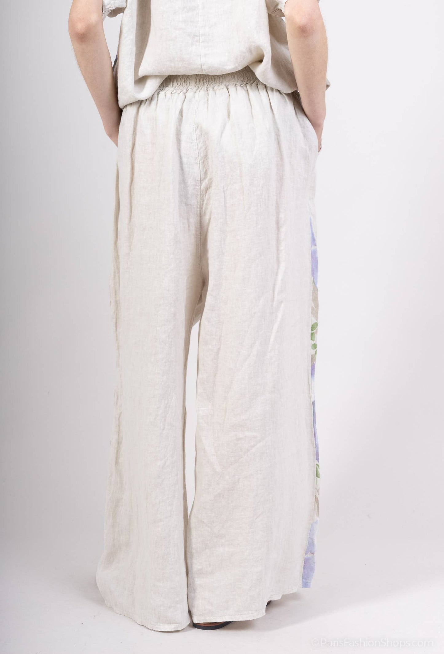Pants with floral side panel- 100% linen / Beige / One size fits 14 to 16