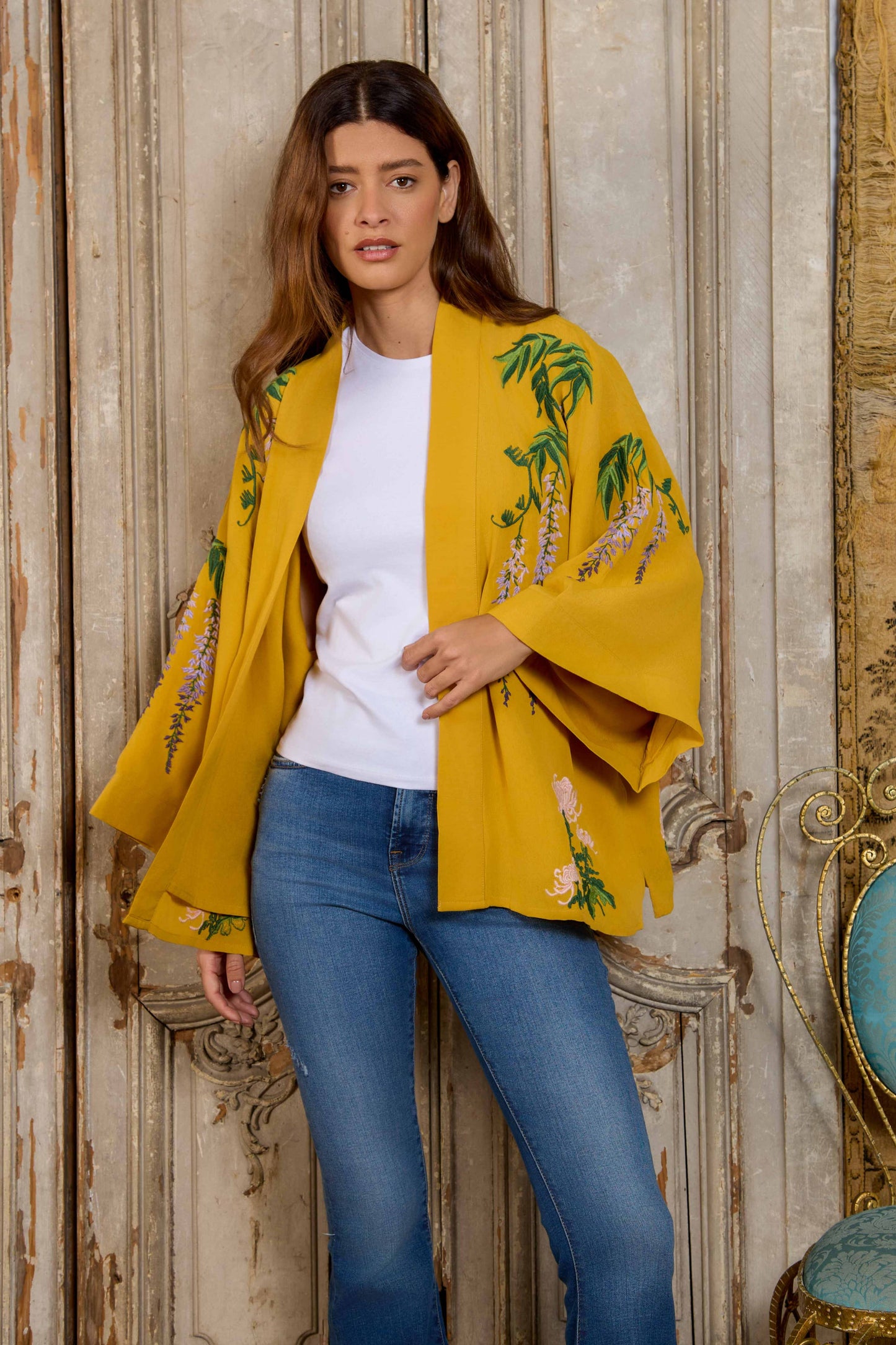 Wisteria & Chrysanthemum Embroidered Mustard Fully Lined Short Kimono: One Size