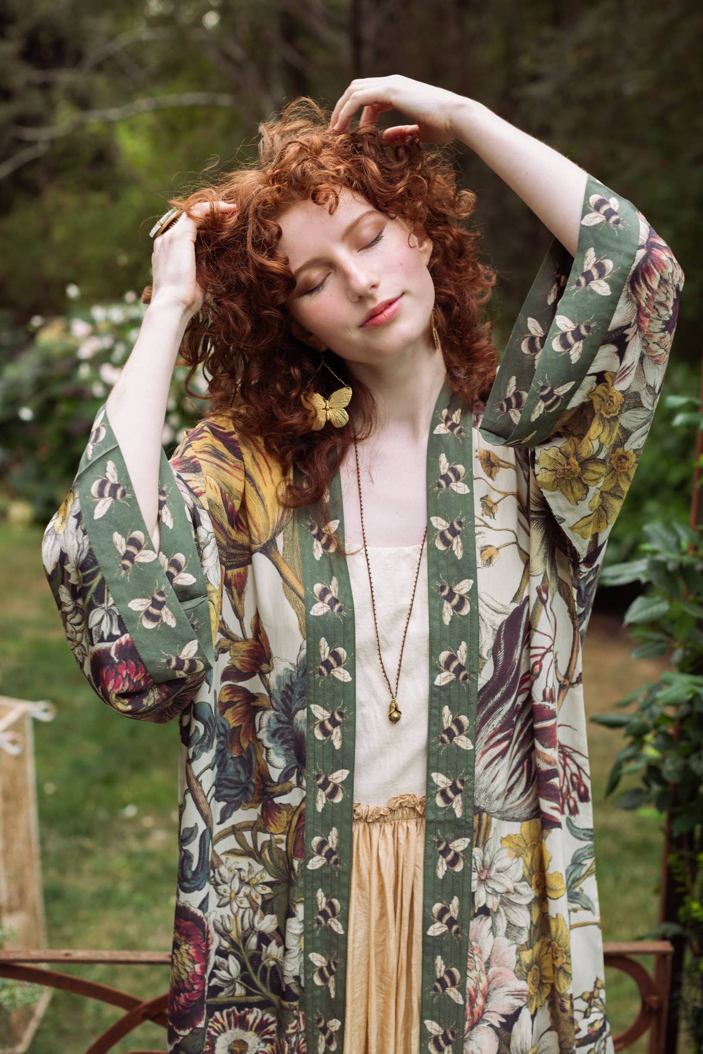 Love Grows Wild Floral Bamboo Kimono Duster Robe with Bees