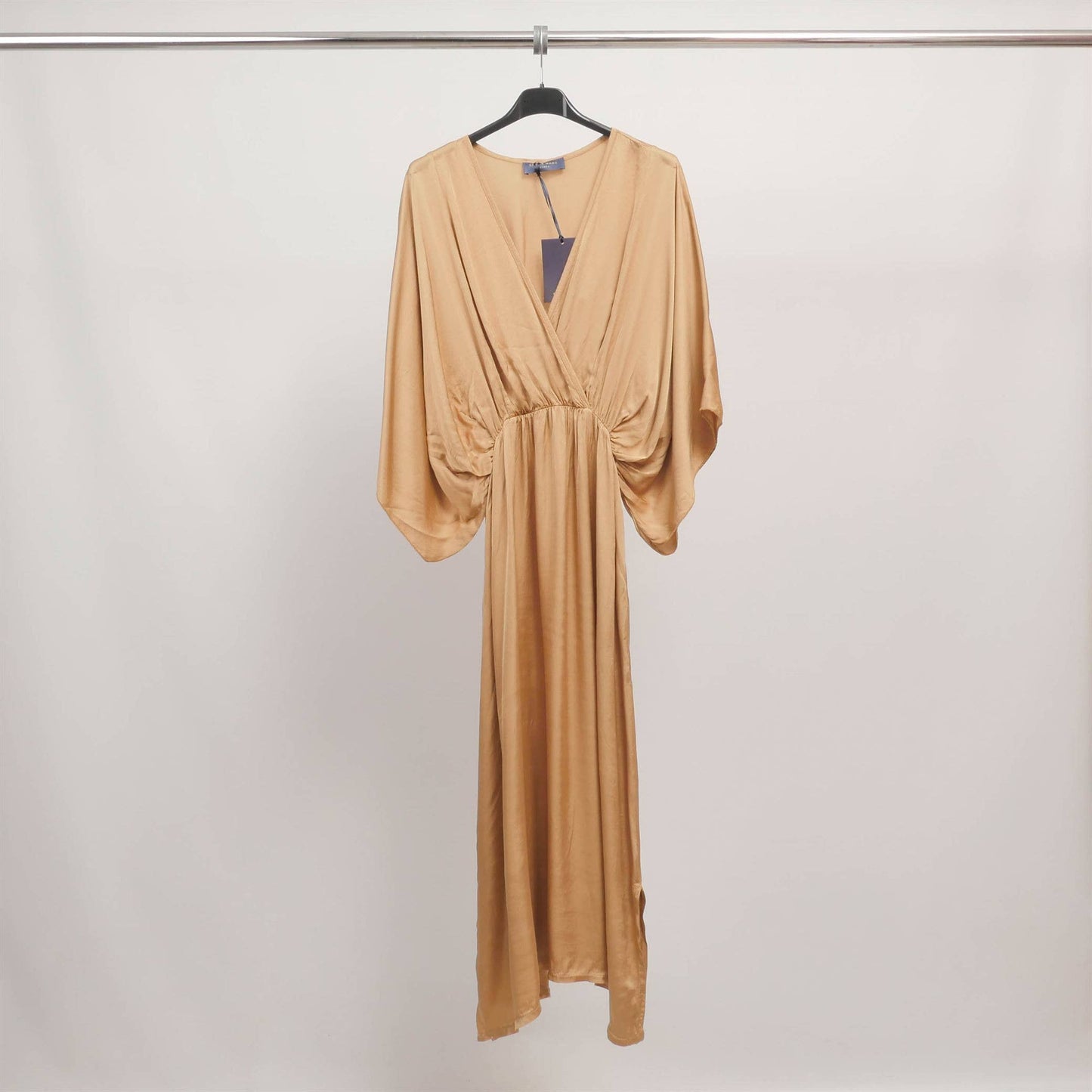 Draped long dress with batwing sleeves in Camel- One size fits S to M