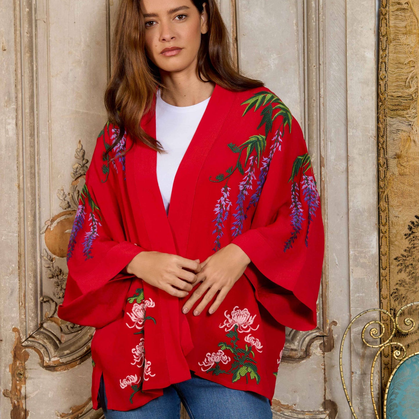 Wisteria & Chrysanthemum Embroidered Red Fully Lined Short Kimono: One Size