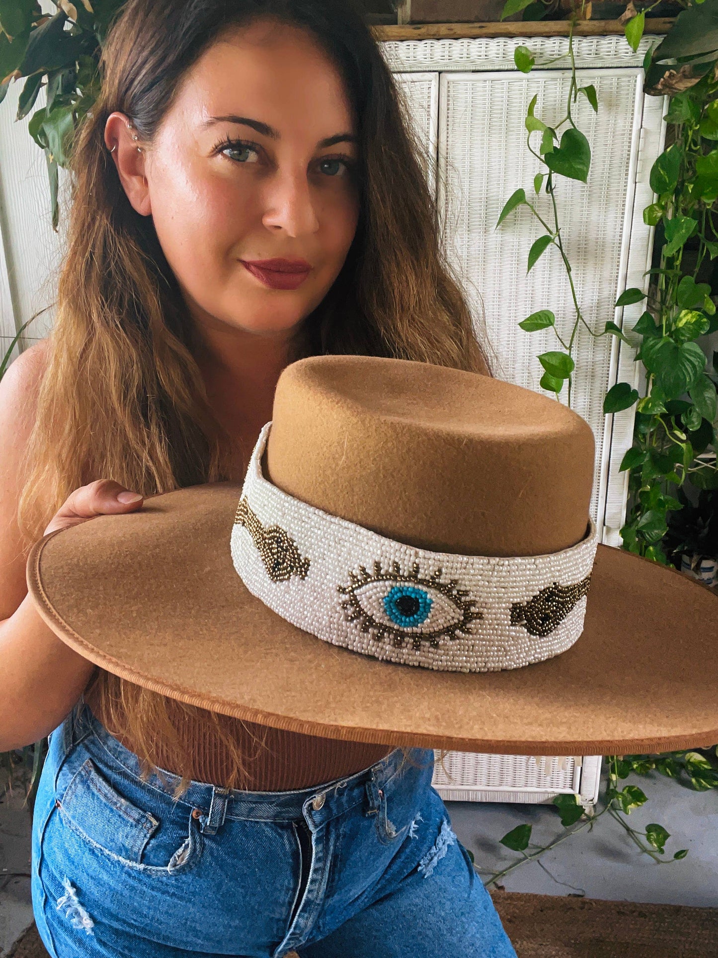 Hand beaded evil eye n snake Hat Band or belt (White)