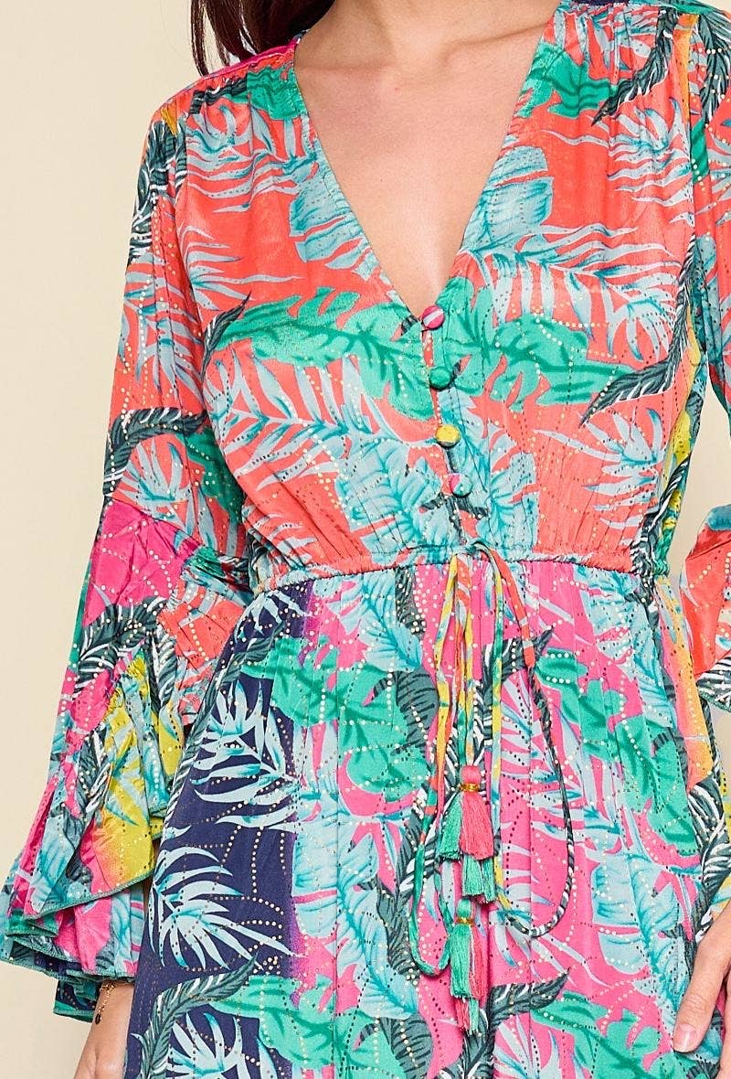 Bohemian tropical print silk long dress