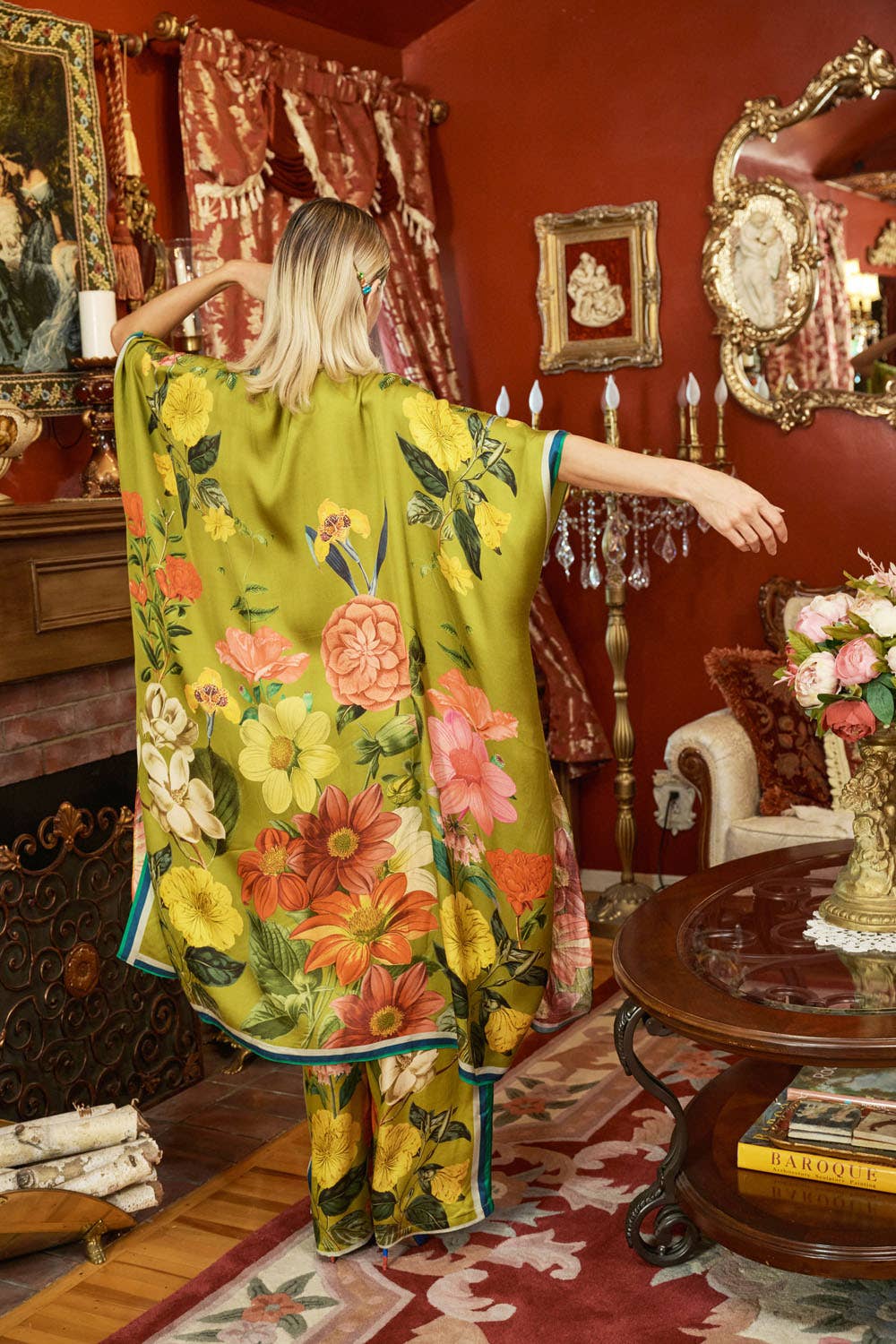 French Riviera Hand-Beaded Kimono / Topper: Olive Floral / One Size