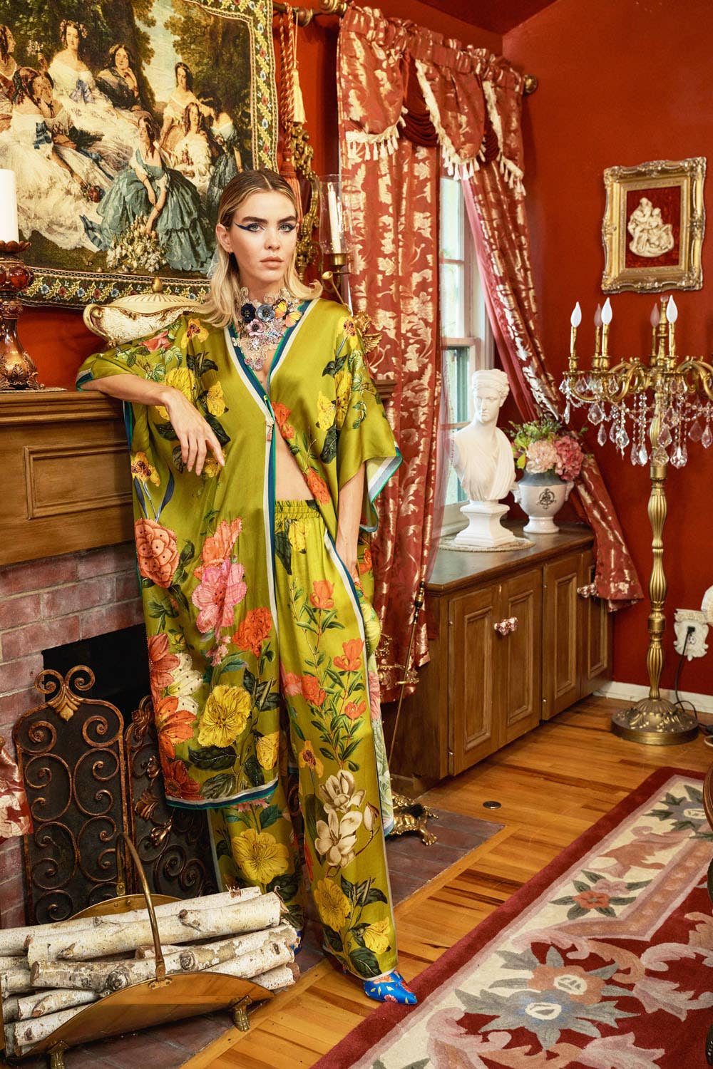 French Riviera Hand-Beaded Kimono / Topper: Olive Floral / One Size