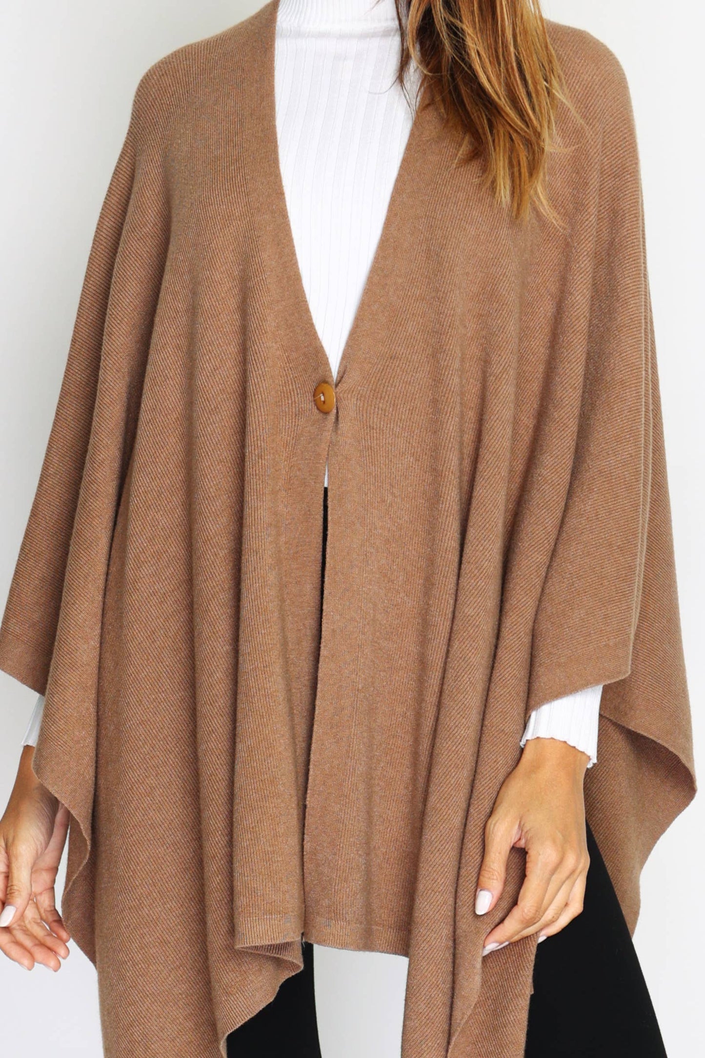 Italian Knitted Wrap Poncho with one button Camel / One size