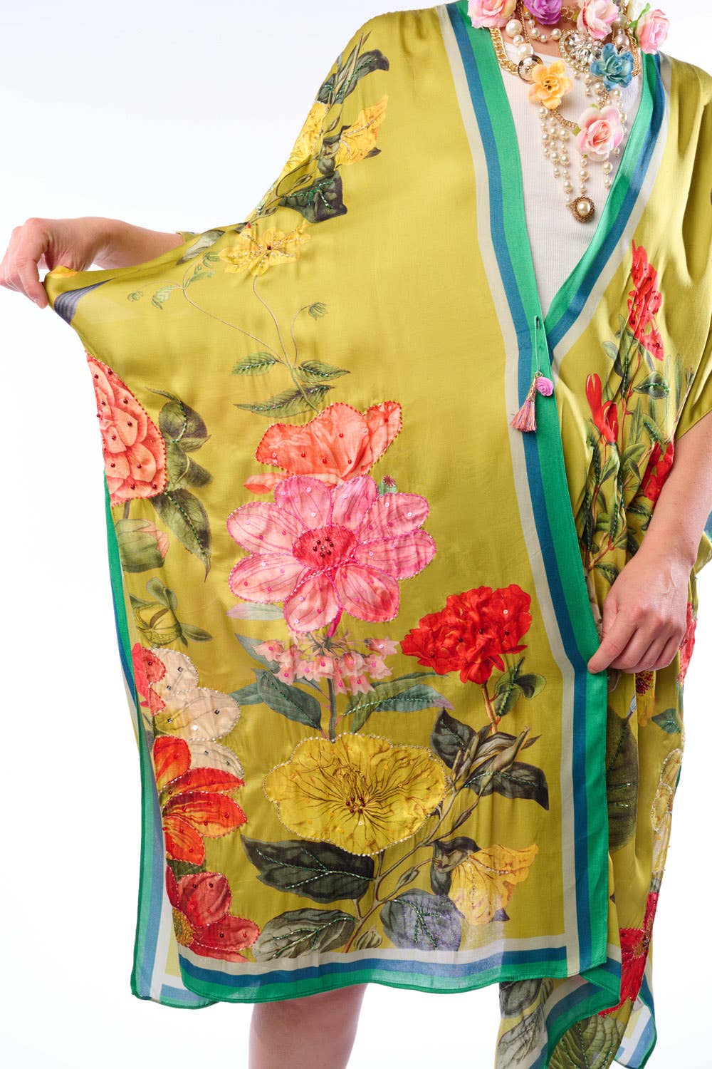 French Riviera Hand-Beaded Kimono / Topper: Olive Floral / One Size