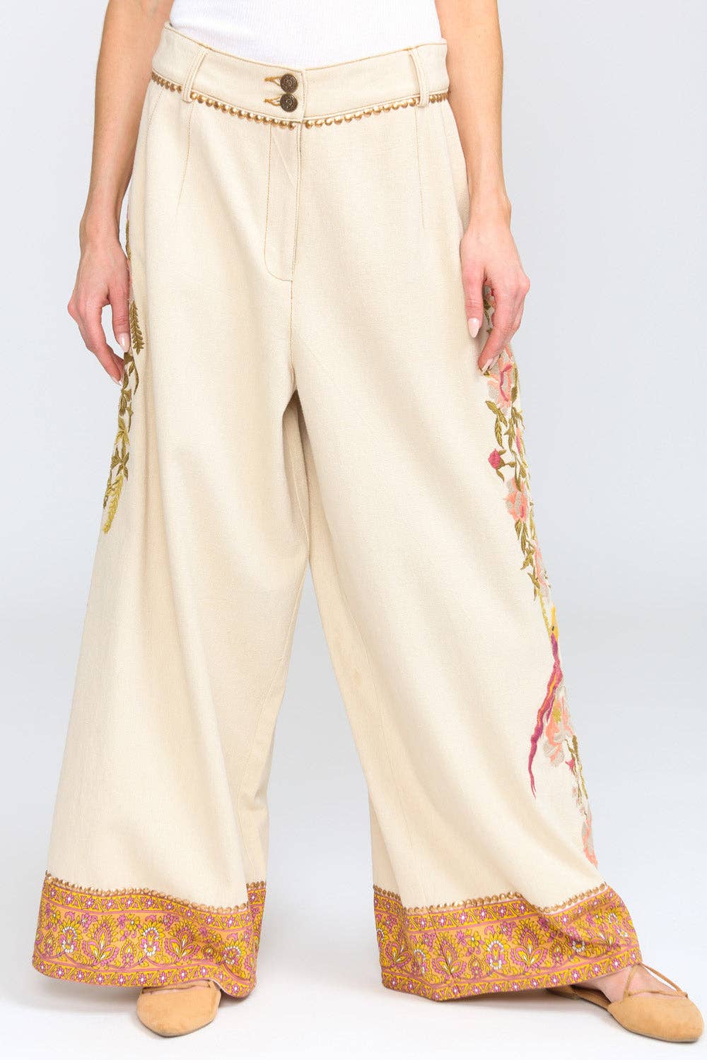 Time To Shine Denim Pants | Wide Leg Pants | Floral Pants: Cream / Small