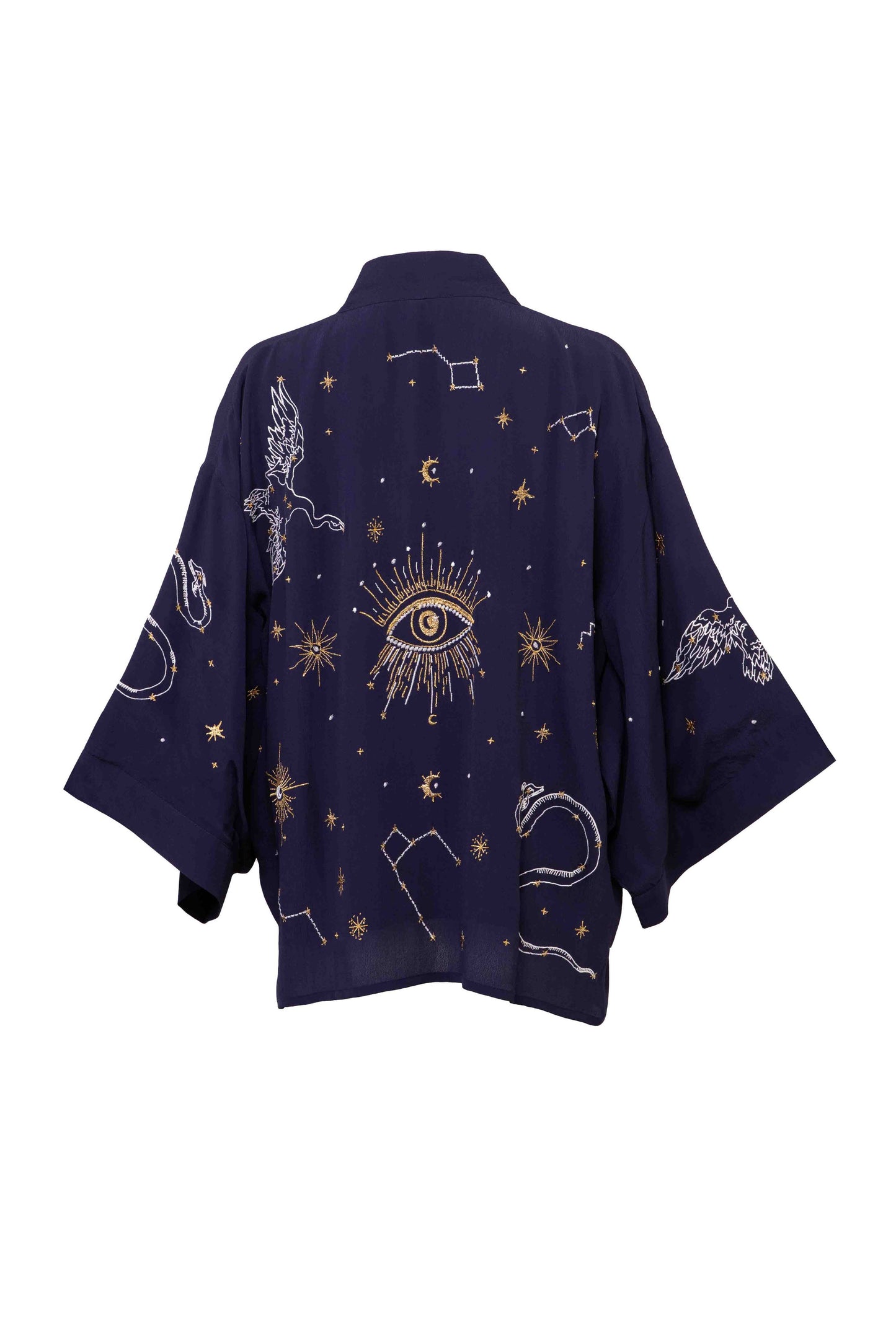Cosmos Embroidered Navy Blue, Ivory and Gold Fully Lined Short Kimono: One Size
