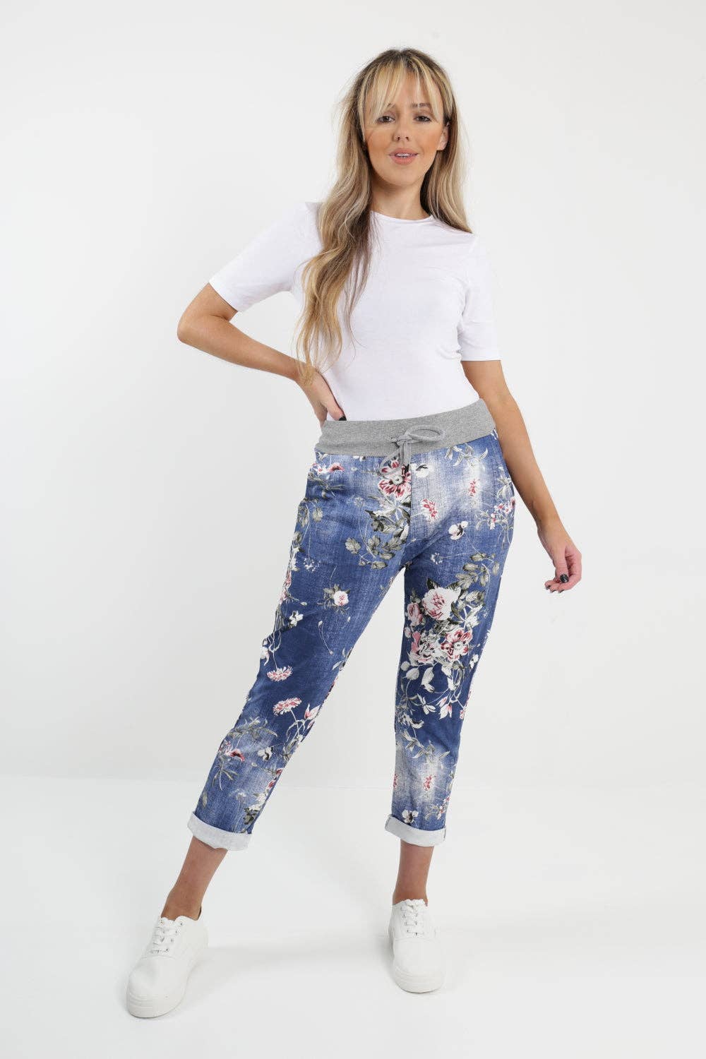 Italian  Floral Cotton Stretch Jean/Jogger: Dark Wash / One Size ( 12-14)