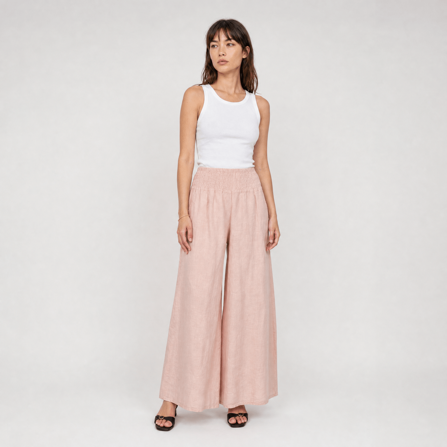 Wide linen pants with elastic waistband : Navy Blue