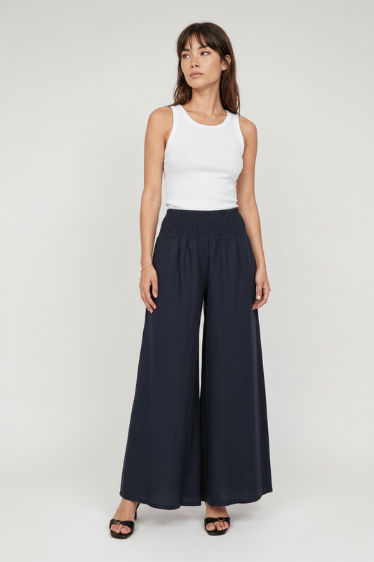 Wide linen pants with elastic waistband : Navy Blue
