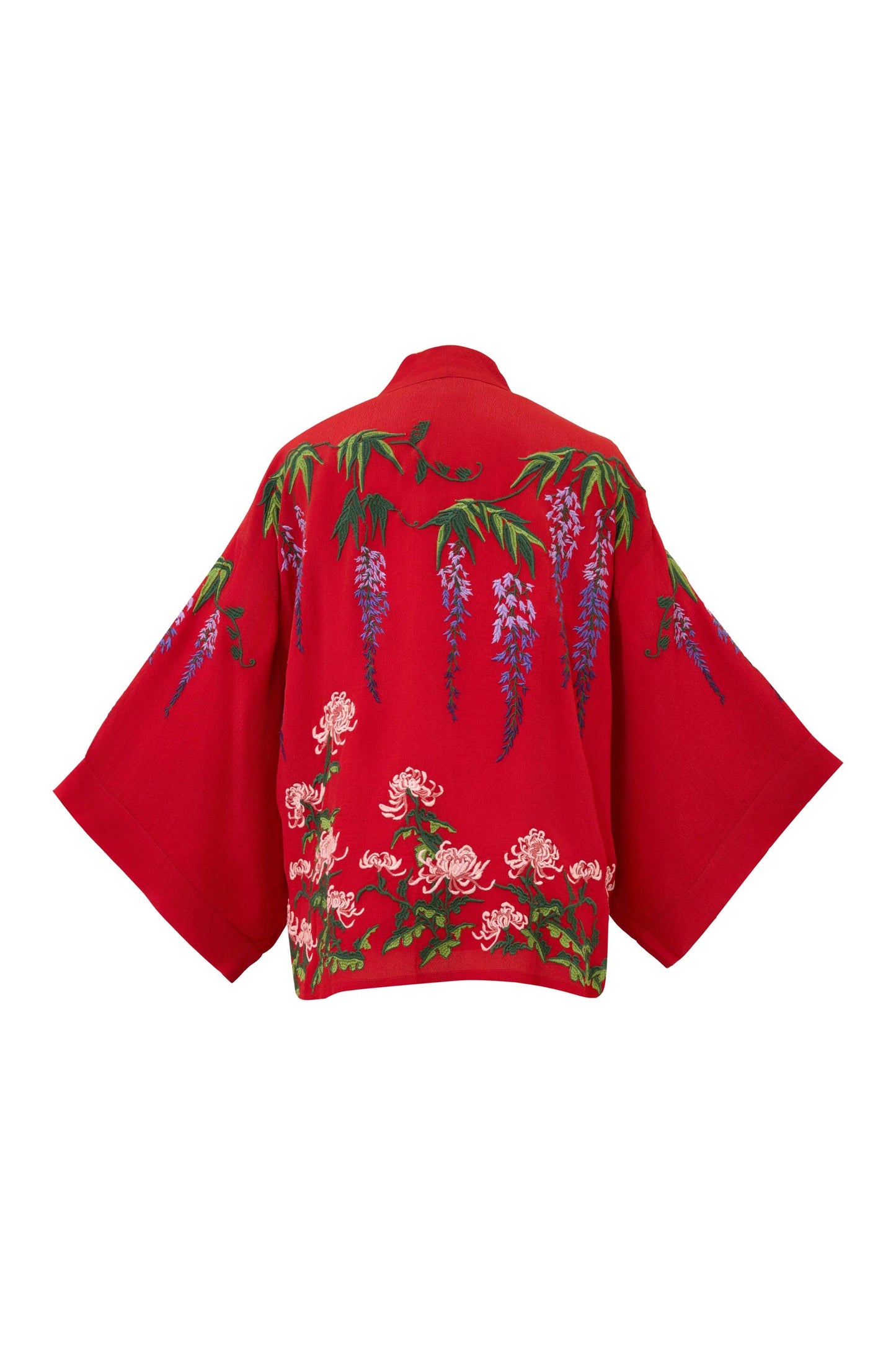 Wisteria & Chrysanthemum Embroidered Red Fully Lined Short Kimono: One Size