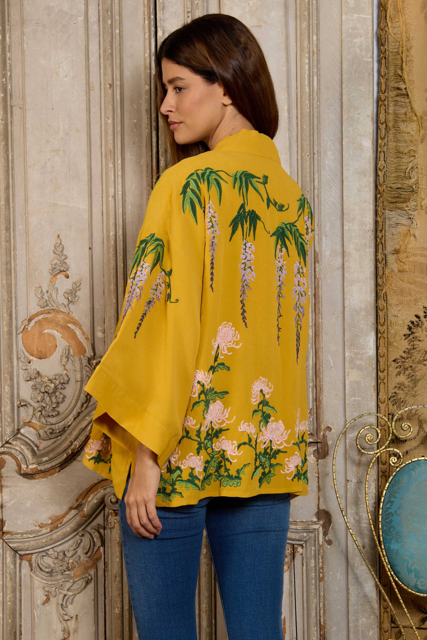 Wisteria & Chrysanthemum Embroidered Mustard Fully Lined Short Kimono: One Size