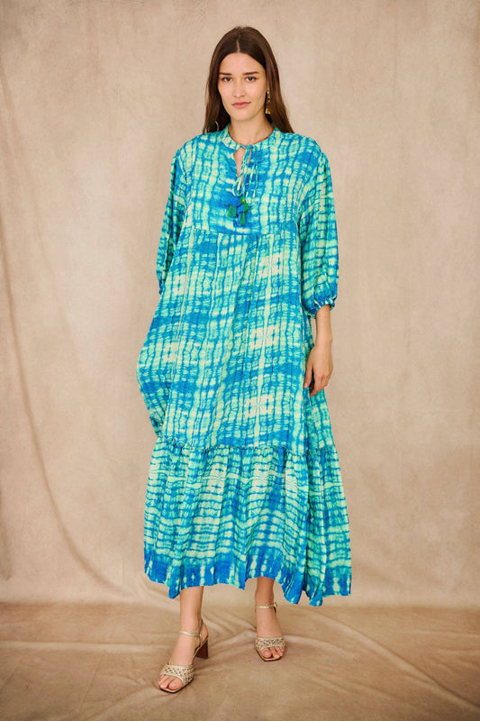 Patterned Aqua silk long dress -One size