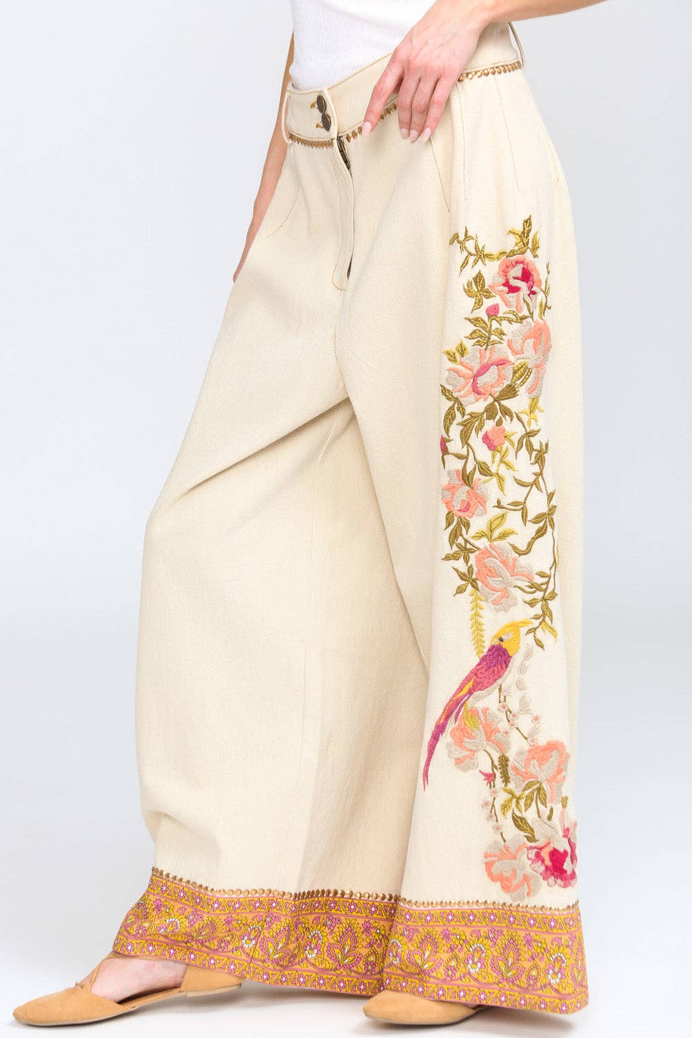 Time To Shine Denim Pants | Wide Leg Pants | Floral Pants: Cream / Small