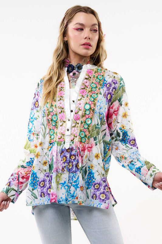 Ibiza Embroidered Blouse: White Floral / S