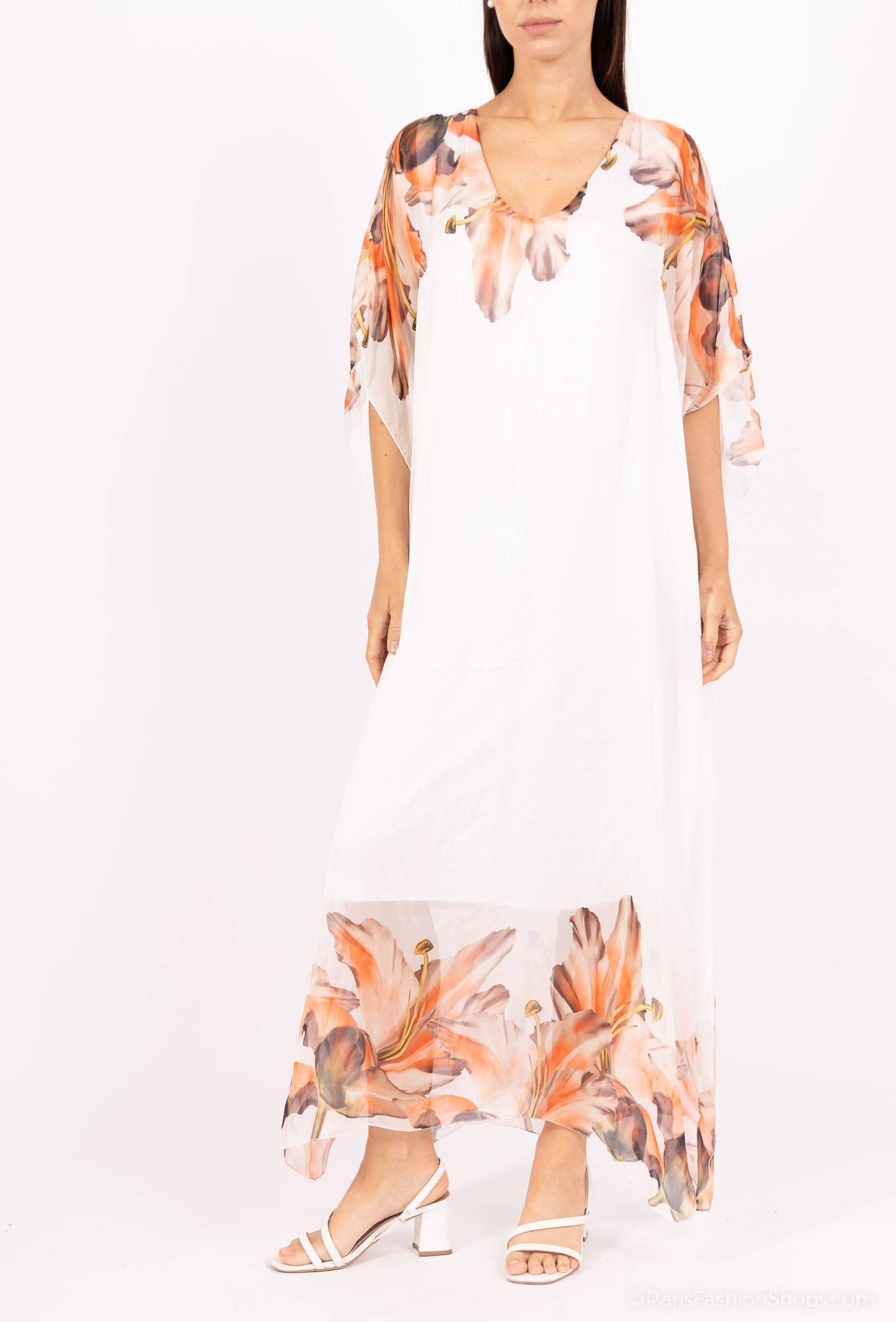 Silk dress with placed floral print: 30% silk 70% viscose / White / Size S to M