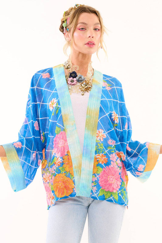 Borrocow Beauty Hand-Embellished Kimono: Vintage Blue Print / One Size