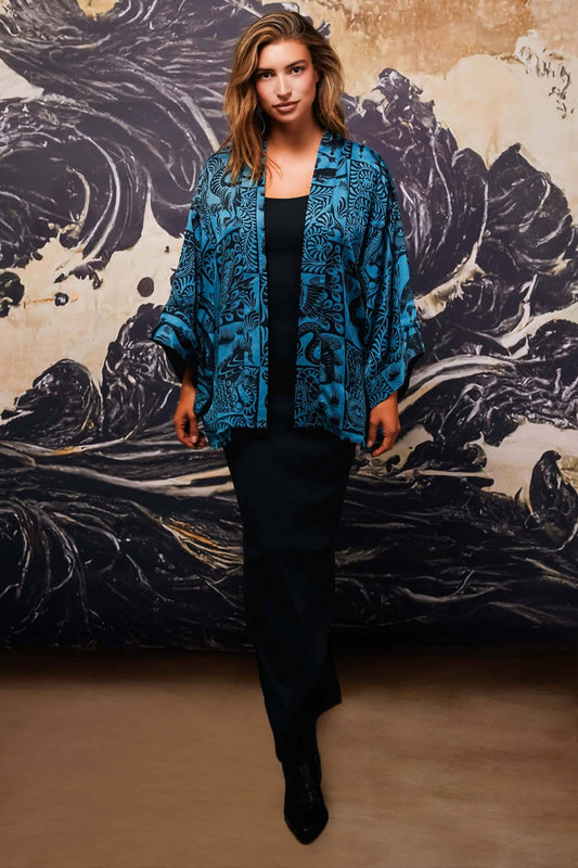 Birds & Beasts Teal & Black Short Kimono: One Size