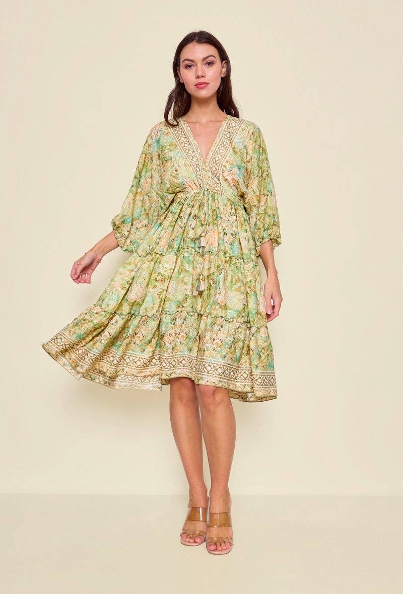 Short A-line silk dress with print - One size