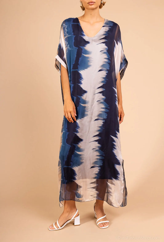 Long Silk Dress in Navy & White - Size S to M