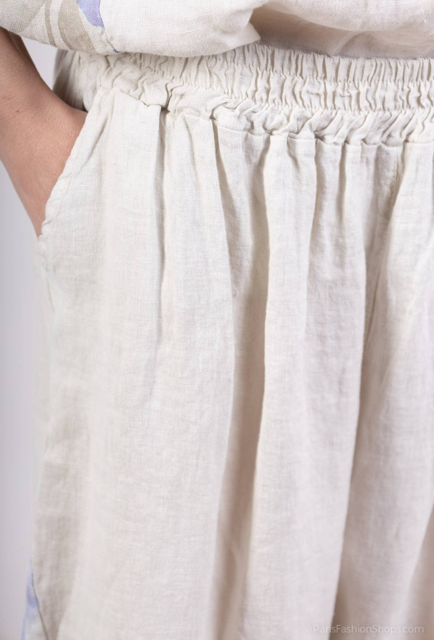 Pants with floral side panel- 100% linen / Beige / One size fits 14 to 16