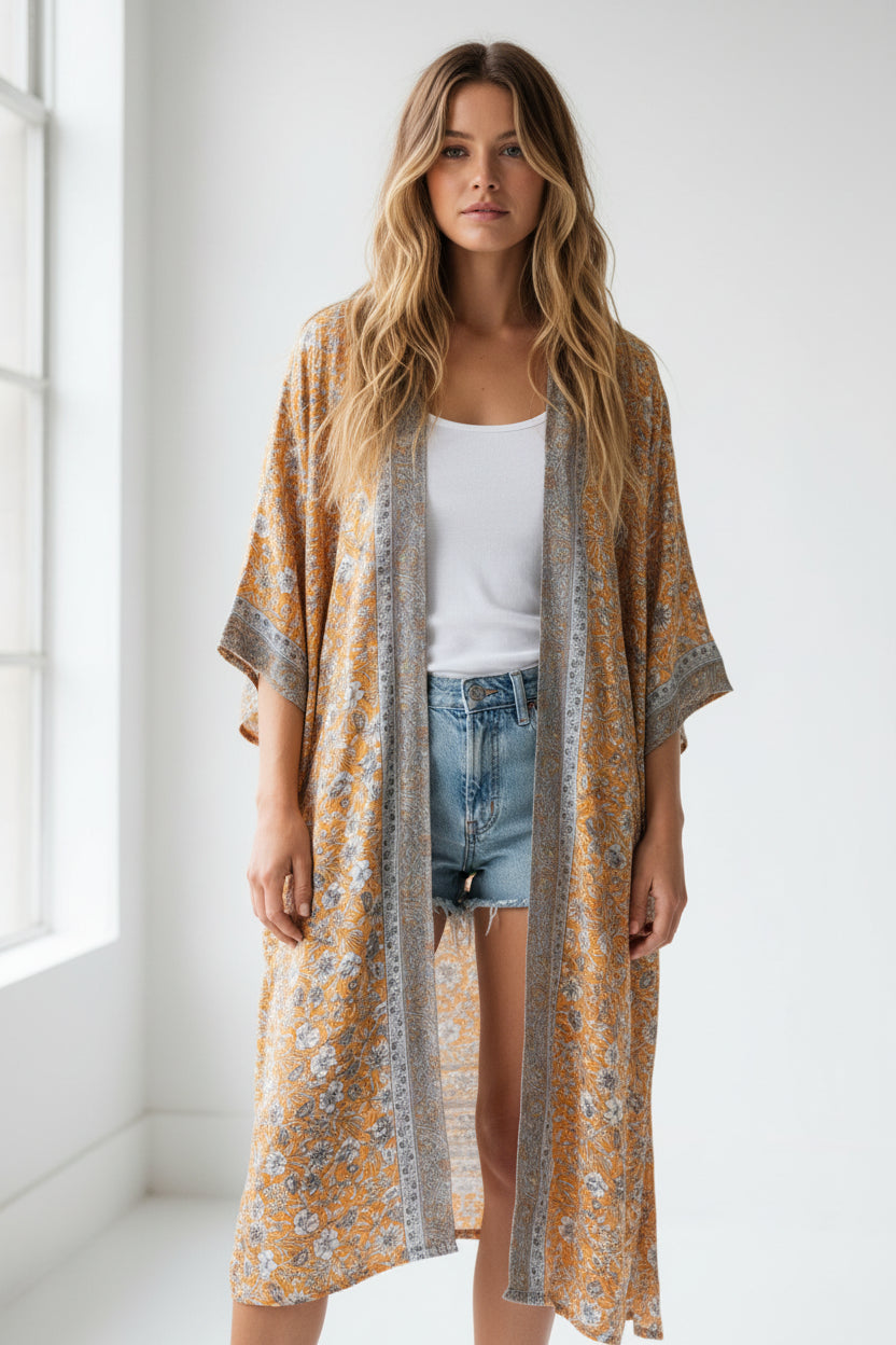 Boho Kimono Recycle Silk /Beach Coverup - One Size