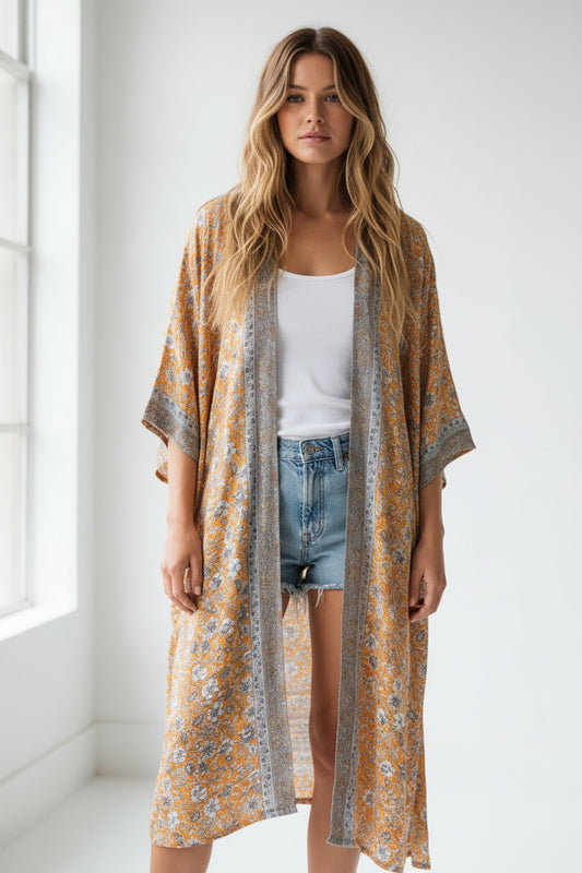 Boho Kimono Recycle Silk /Beach Coverup - One Size