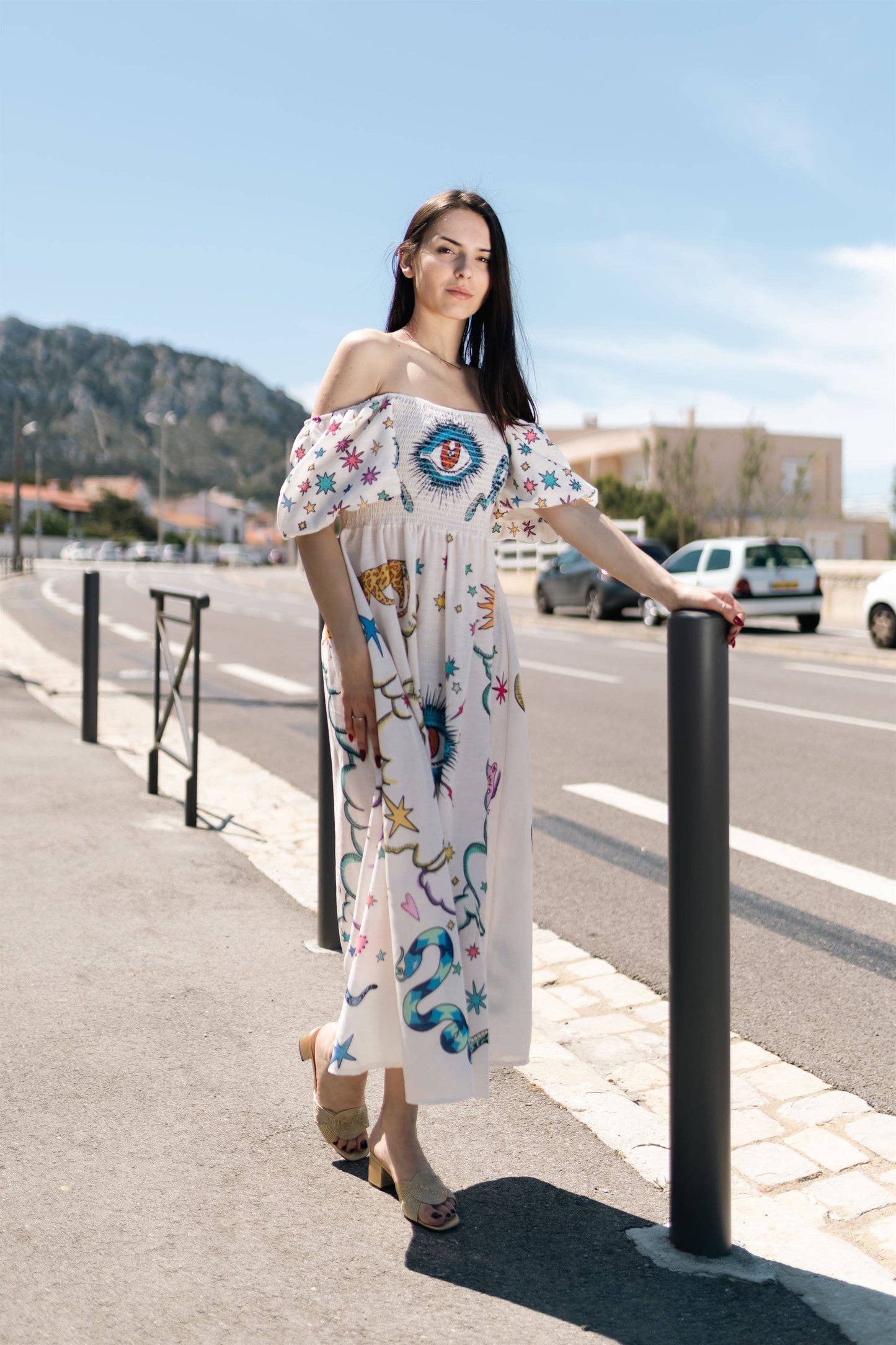 Eye Graphic Print Long dress with balloon sleeves- Size S to M