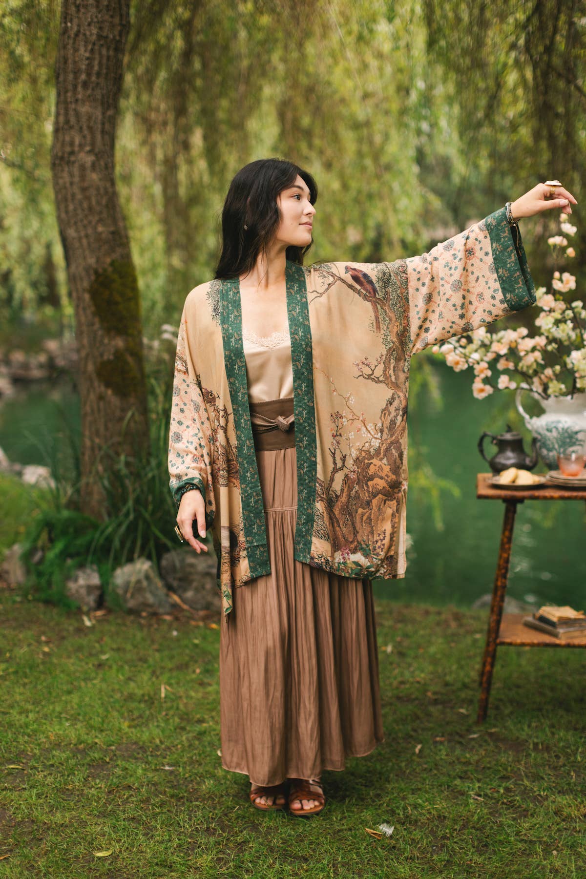 Fable Matinée Duster Kimono w/Blossoms, mid-length