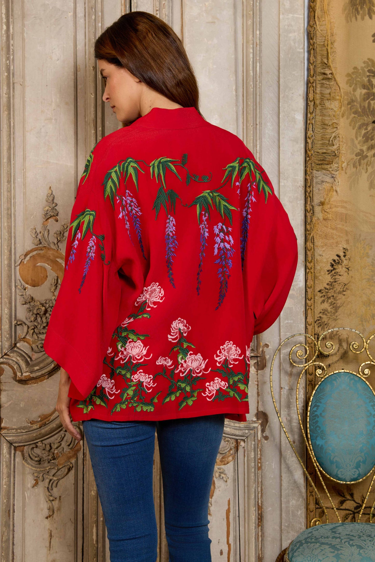 Wisteria & Chrysanthemum Embroidered Red Fully Lined Short Kimono: One Size