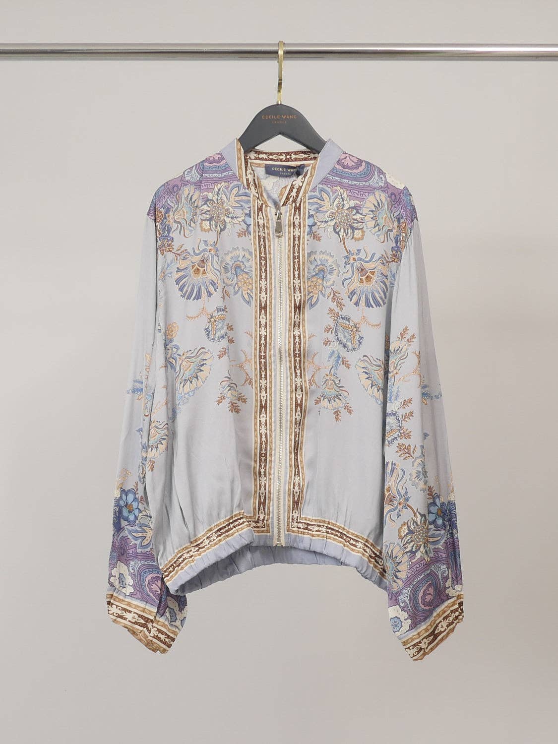 Italian Printed satin zip-up jacket Blue