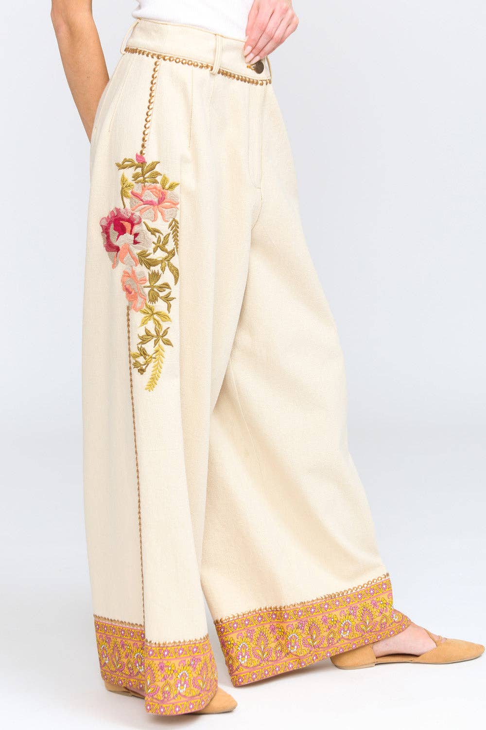 Time To Shine Denim Pants | Wide Leg Pants | Floral Pants: Cream / Small