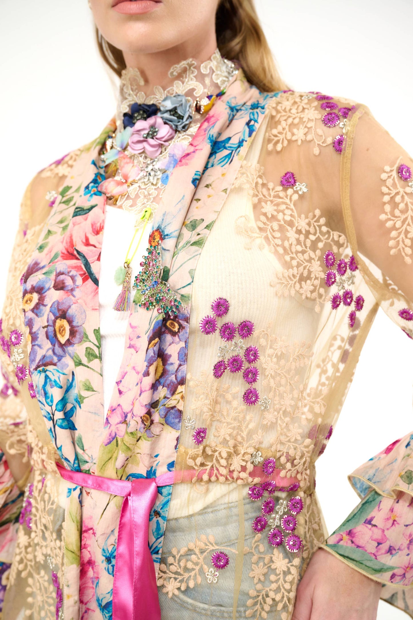 Miss September Embellished Mesh Kimono: Antique Floral - Size Medium