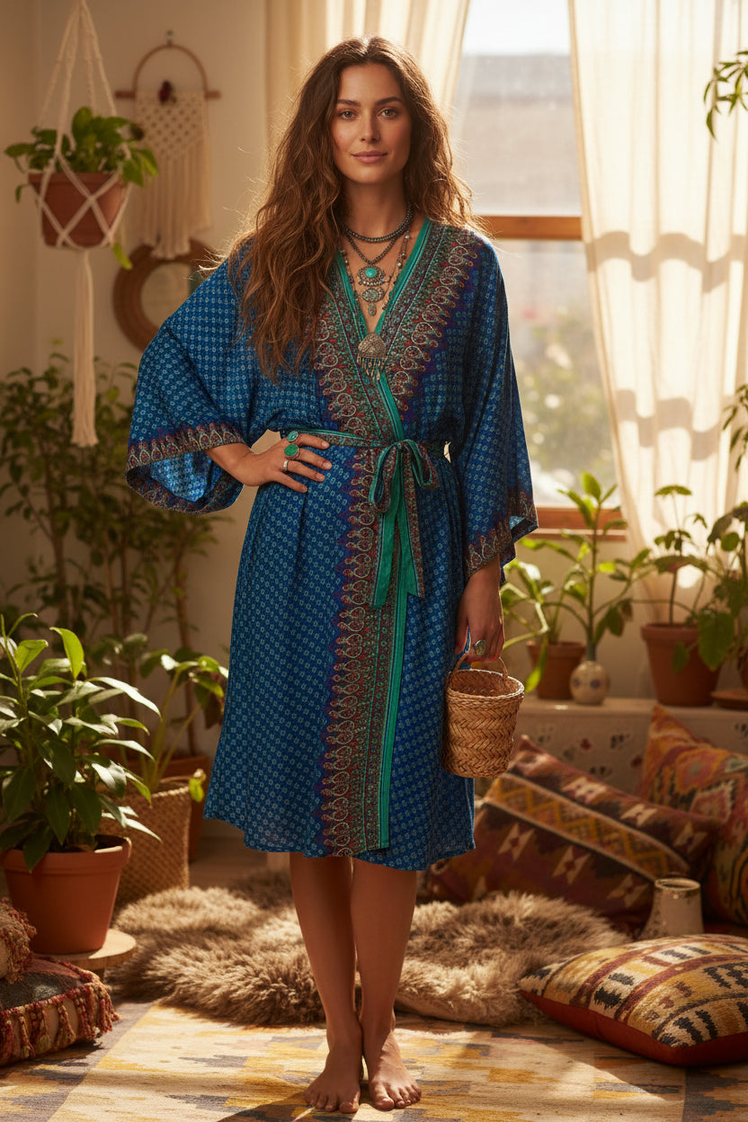 Recycle Silk Sari Short Kimono Boho Loungewear Beach Coverup