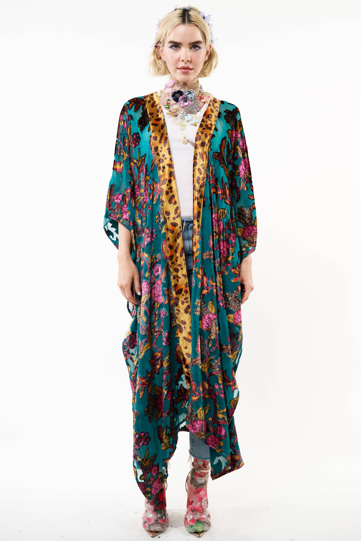 Holiday Jewels Maxi Kimono: Teal / One Size