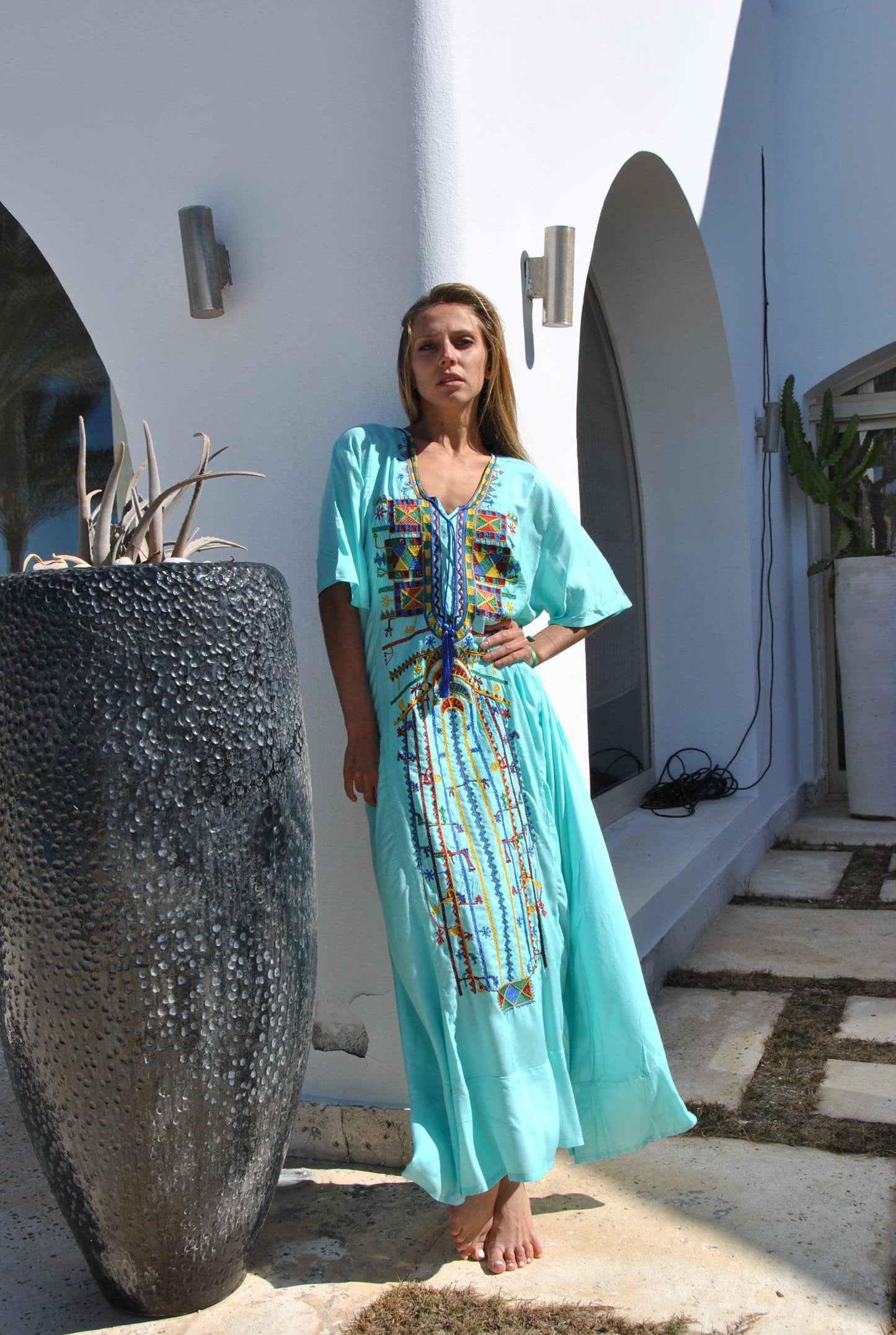 Turquoise Egyptian Cotton Embroidered Kaftan- One size fits most.