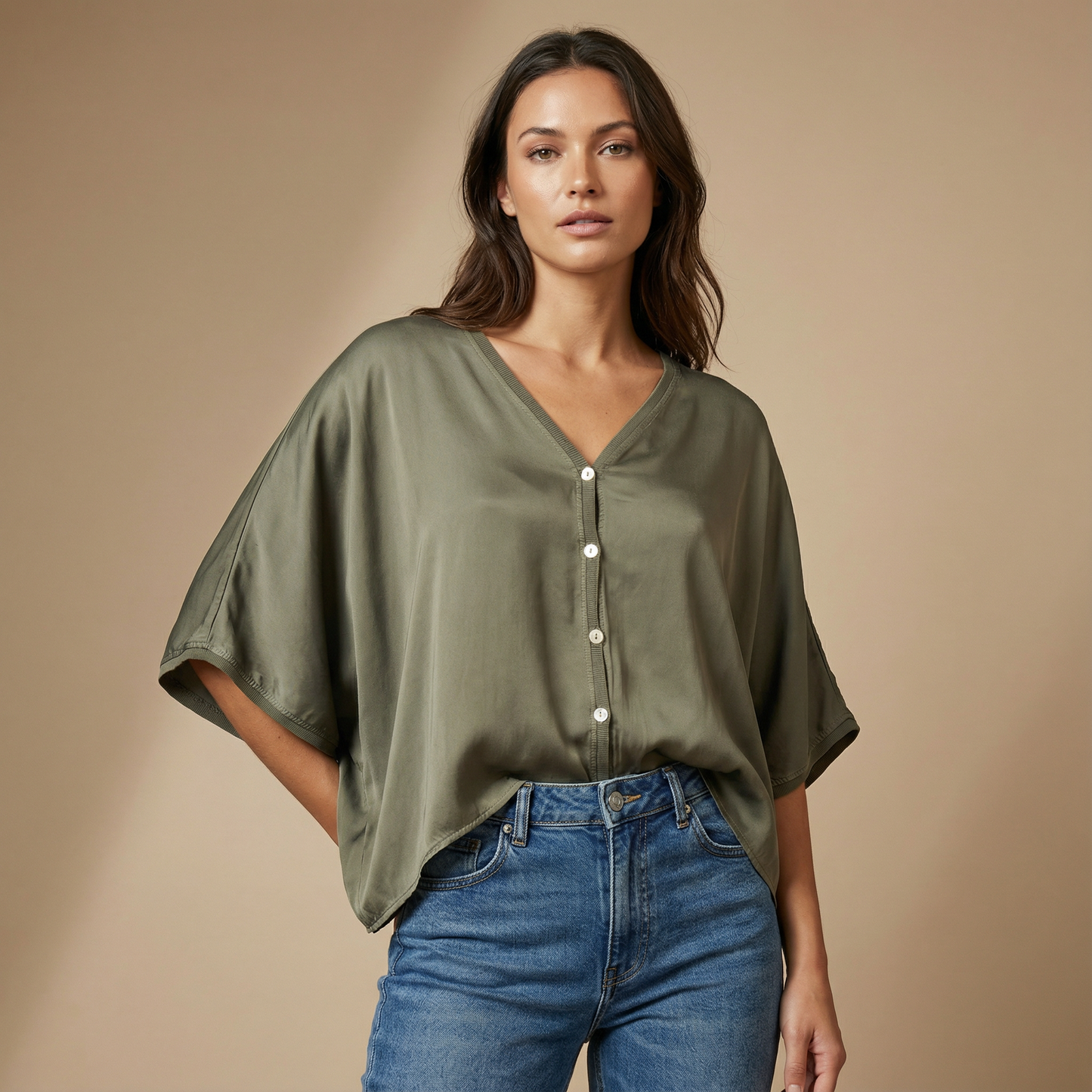Satin button-front blouse with a loose fit : Orange- One Size