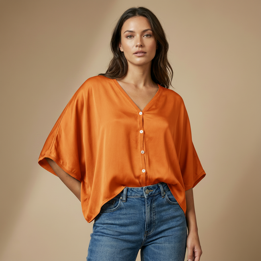 Satin button-front blouse with a loose fit : Orange- One Size
