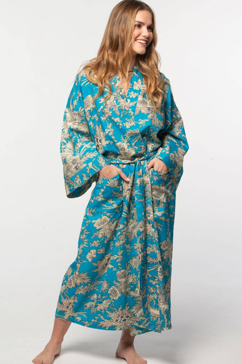 Cottom Kimono Robe in Turquoise & Gold